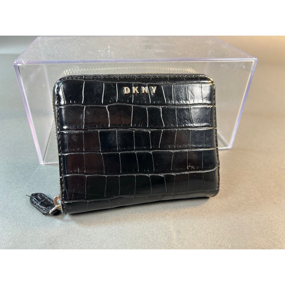 DKNY Black Croc Embossed Faux Leather Zip Around Bifold Wallet Gold Logo